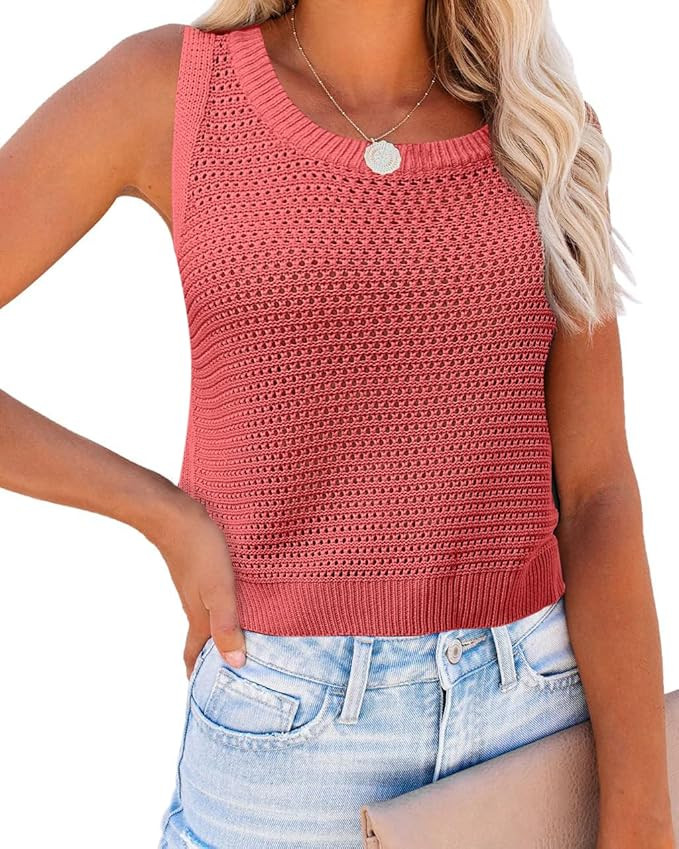 FISACE Womens Summer Knit Sweater Tank Tops Round Neck Crochet Hollow Out Sleeveless Casual Crop ... | Amazon (US)