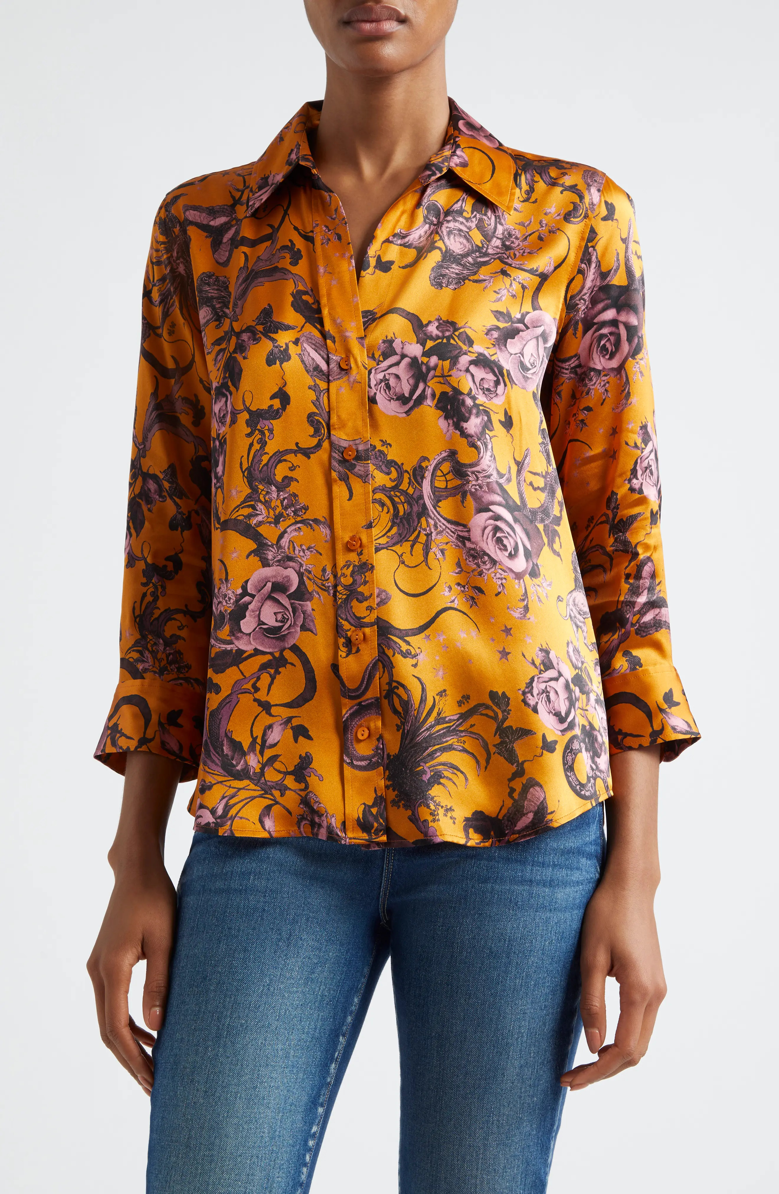 L'AGENCE Dani Floral Silk Charmeuse Blouse in Desclay Multi Baroque Floral at Nordstrom Rack, Size Large | Nordstrom Rack