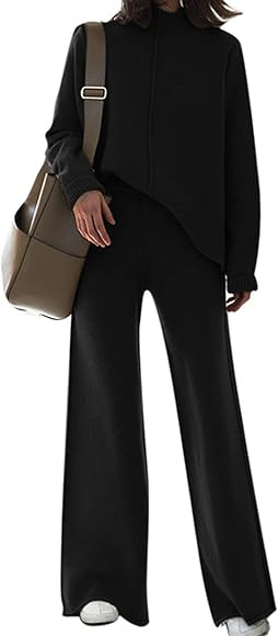 Meenew Women's High Neck 2 Piece Sweatsuit Long Sleeve Knit Sweater Tops Wide Leg Pants Set Outfi... | Amazon (US)