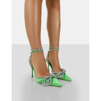 Midnight Green Satin Wrap Around Bow Pointed Toe Court Heels | Public Desire