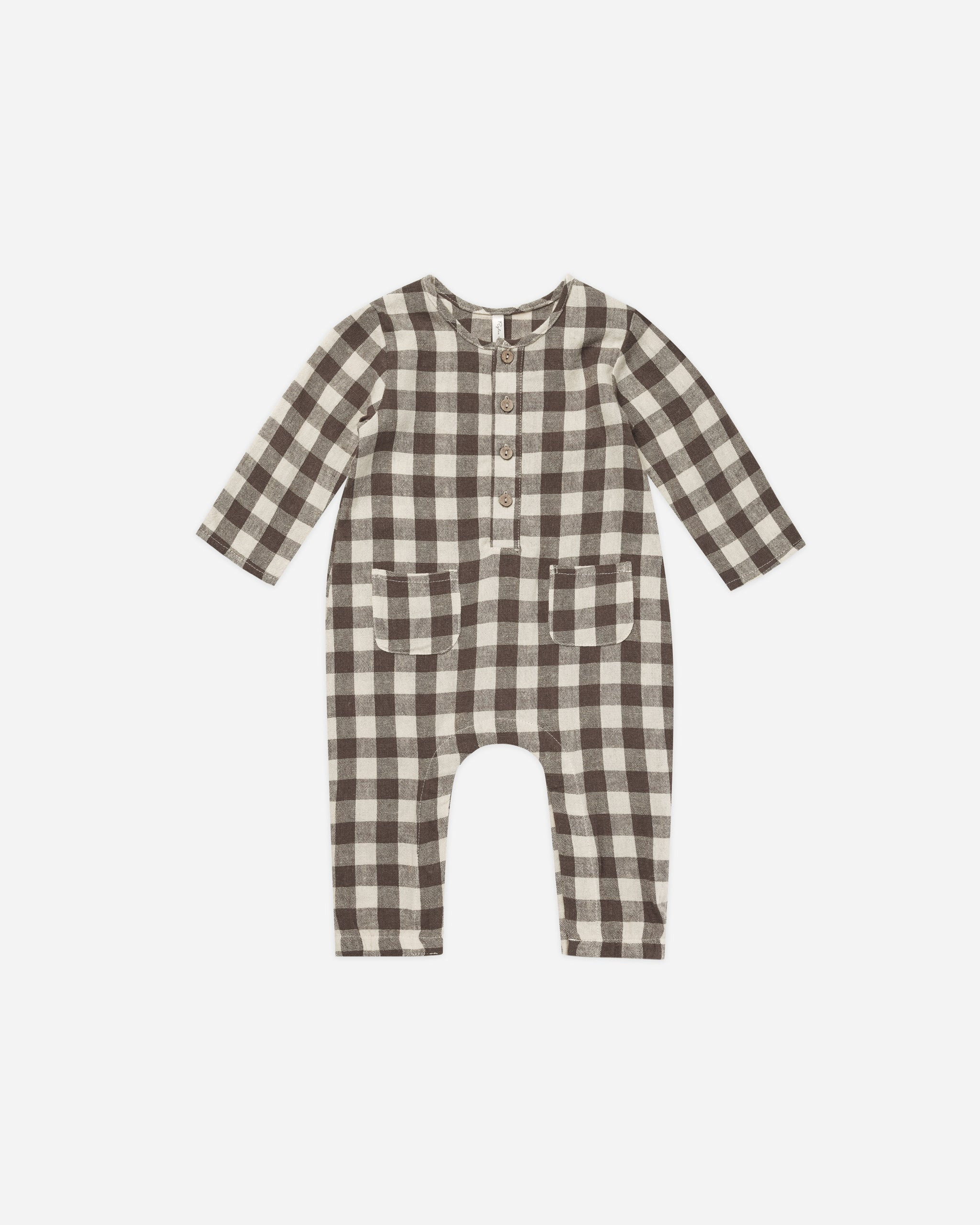 Long Sleeve Woven Jumpsuit || Charcoal Check | Rylee + Cru