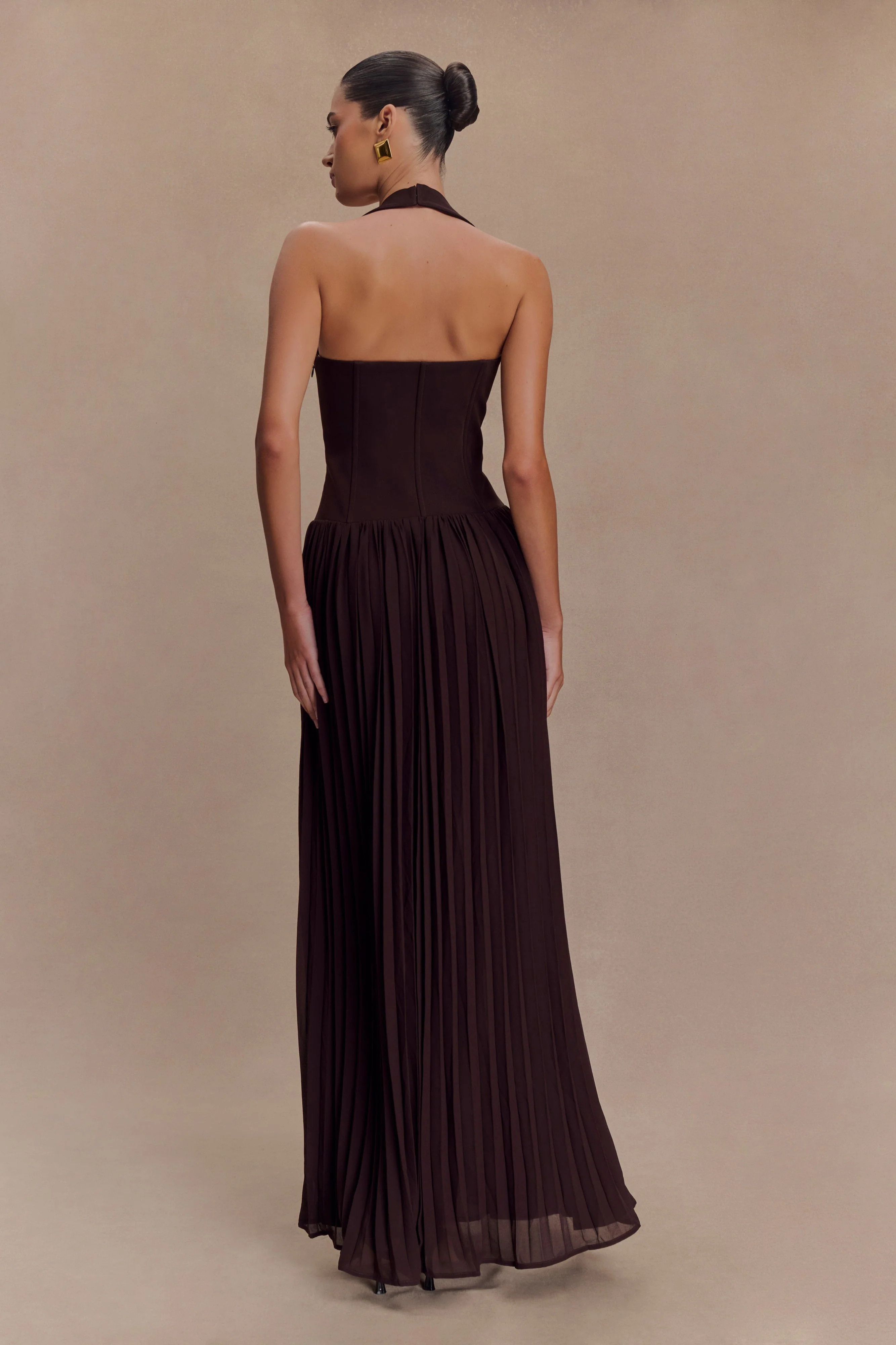 Stacie Pleated Halter Maxi Dress - Cacao | MESHKI US