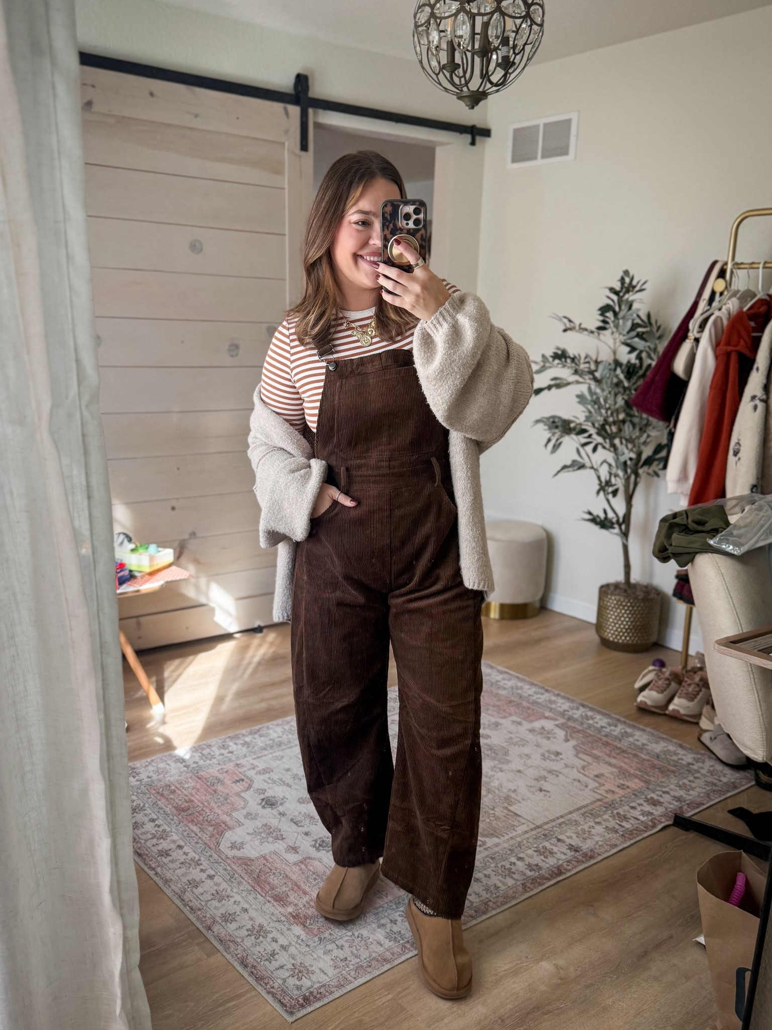 Pumpkin patch outfit // barrel corduroy overalls with striped tee and oversized cardigan - all true to size (I own the size up in the cardigan but wearing size large in this one) / slipper clogs are also true to size 

#LTKMidsize #LTKStyleTip #LTKSeasonal