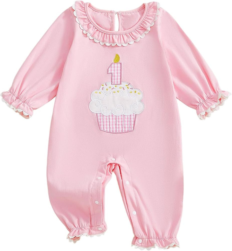GOOCHEER First Birthday Baby Girl Outfit Fall 1 Cake Embroidery Ruffle Long Sleeve Romper Jumpsui... | Amazon (US)