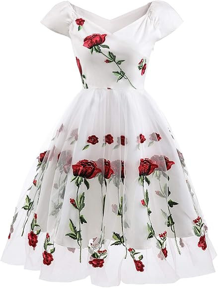 Women Vintage Off Shoulder Rose Embroidered Floral Evening Dress V Neck Short 3/4 Sleeves Wedding... | Amazon (UK)