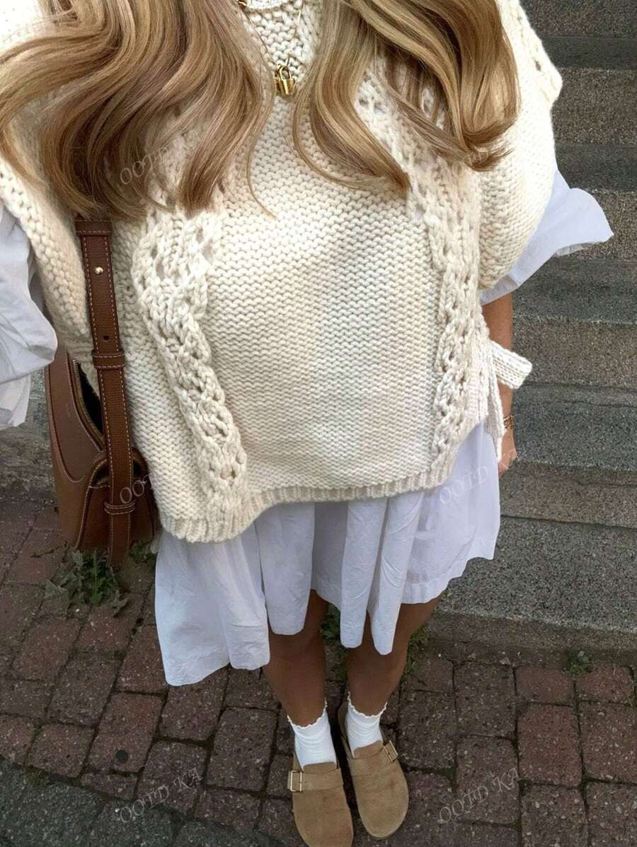 Solid Color Semi-Transparent Design Casual Fashion Women's Side Tie Round Neck Cap Sleeve Sweater | SHEIN