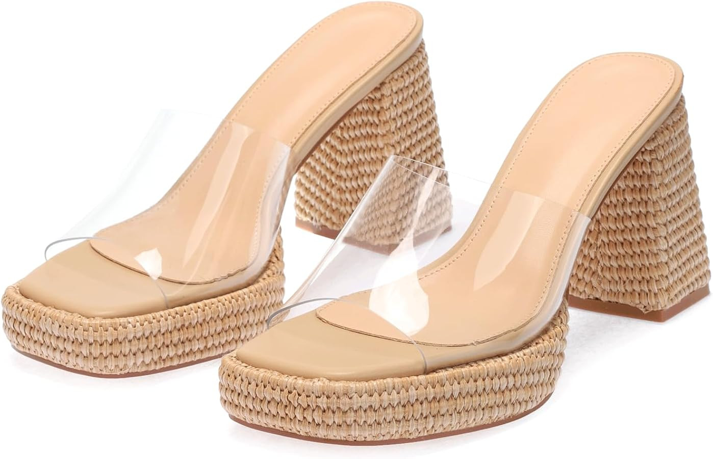 Monrovia Raffia Heeled Sandals for Women，Platform Wedge Slip On Block Heel, Dressy Summer Open ... | Amazon (US)