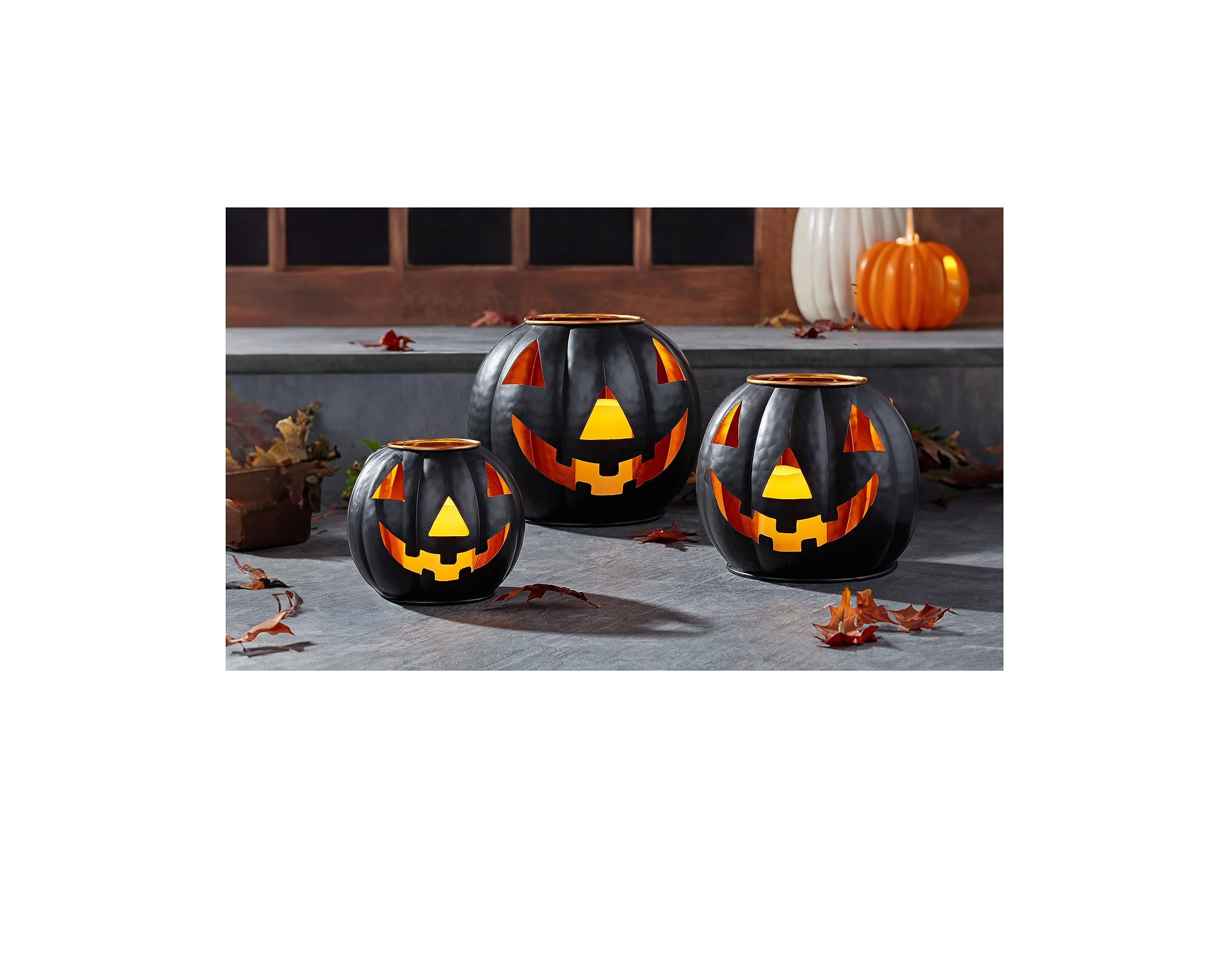 Halloween Metal Jack O Lanterns Pumpkin Set of 3 with LED Candles with Creepy Cloth Decoration Bu... | Amazon (US)