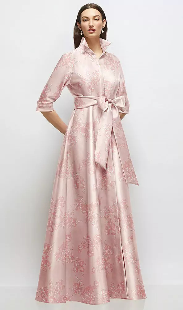 3/4 Sleeve Floral Satin Shirt Dress Gown with Sash and Jeweled Buttons in Bow And Blossom Print | Dessy Group