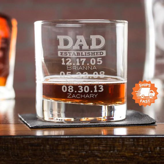 Whiskey Glass for Dad - Etched Dad Established Rocks Glass, Personalized With up to 3 Kids Names,... | Etsy (US)