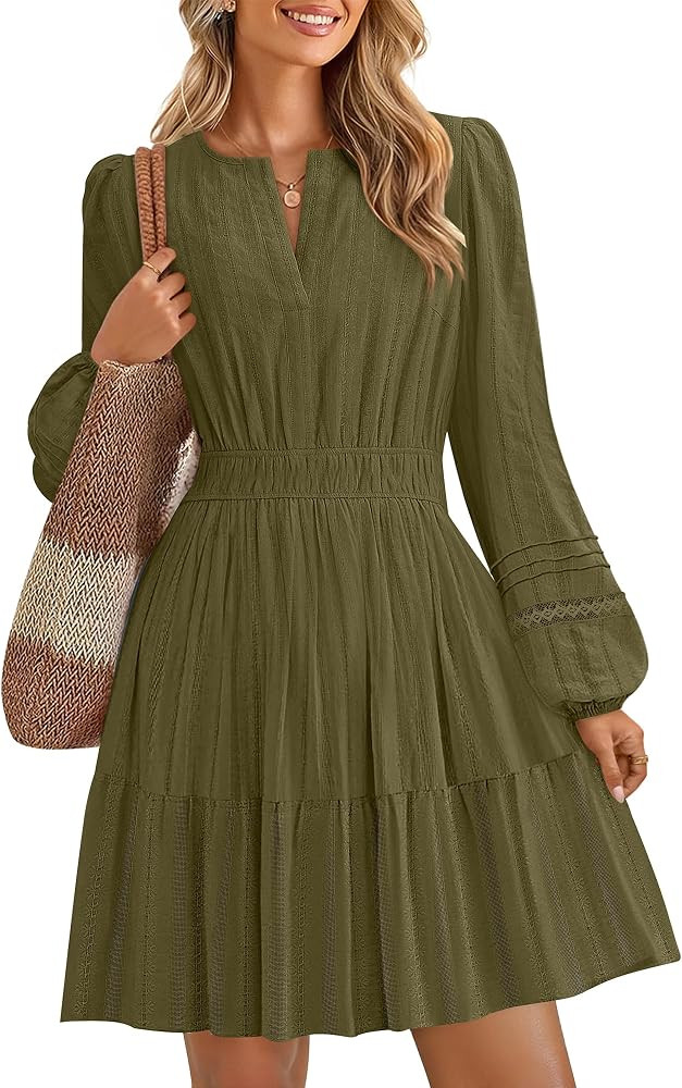 ZESICA Women's Fall Long Sleeve V Neck Flowy Mini Dresses | Amazon (US)