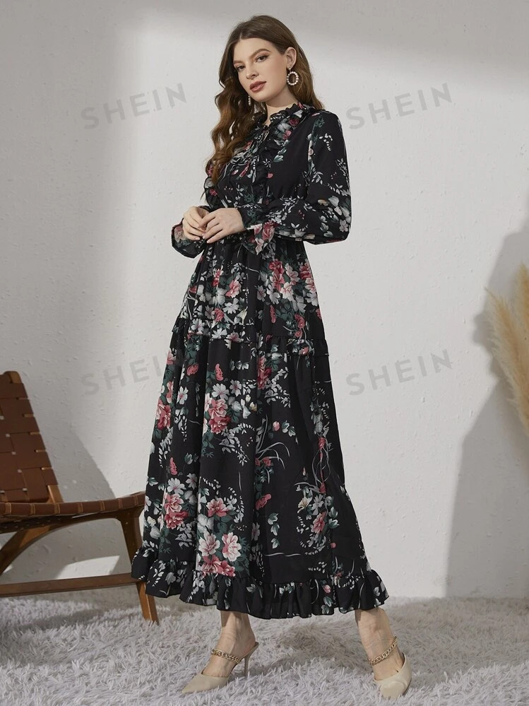 SHEIN Modely Floral Print Tie Neck Flounce Sleeve Ruffle Hem Dress | SHEIN | SHEIN