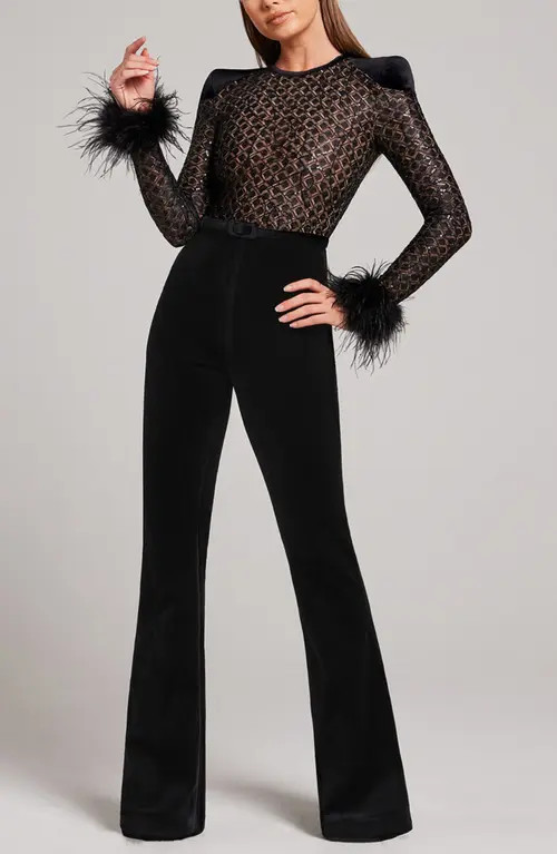 NADINE MERABI Monique Mixed Media Long Sleeve Jumpsuit in Black at Nordstrom, Size 2 | Nordstrom