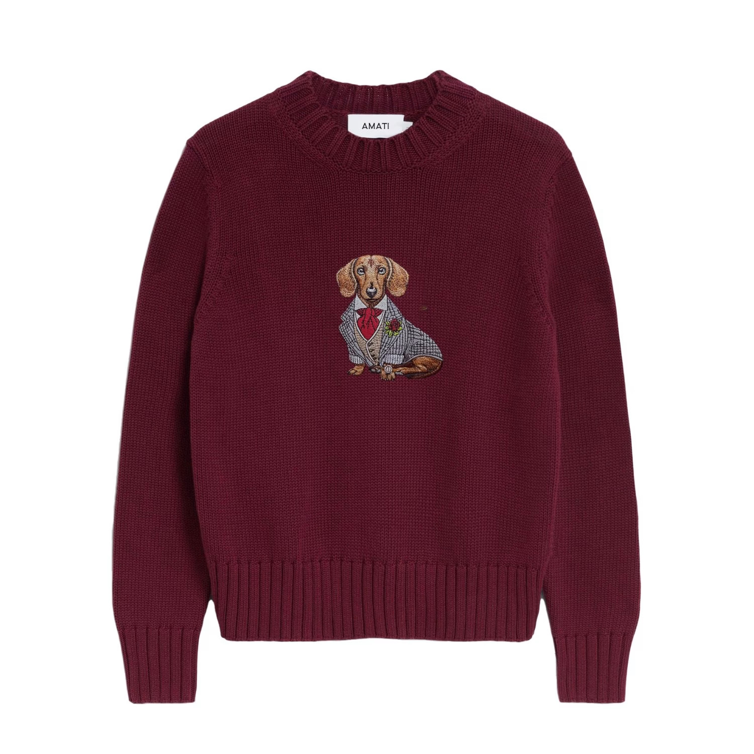 Dachshund Embroidered Cotton Knit Sweater - Burgundy | Wolf & Badger