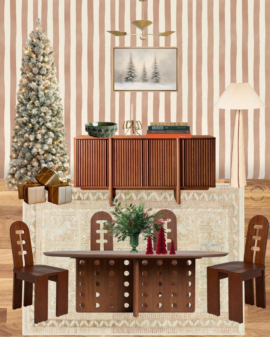 Gorgeous dining room design! I love the new furniture at Lulu & Georgia. These sculptural dining chairs are GORGEOUS! Striped wallpaper, neutral rug and a beautiful chandelier from West Elm, Christmas tree and art from Walmart. #diningroom #christmasdecor #moodboard

#LTKHome #LTKFamily #LTKHoliday