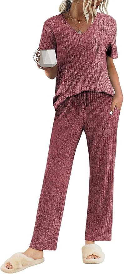 Ekouaer Womens Ribbed Knit Lounge Set Short Sleeve Top and Long Pants Sleepwear Pajama Set Two Pi... | Amazon (US)