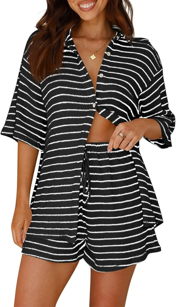 Tankaneo Womens Striped 2 Piece Sets Short Sleeve Button Down Shirt and Shorts Waffle Knit Pajama... | Amazon (US)