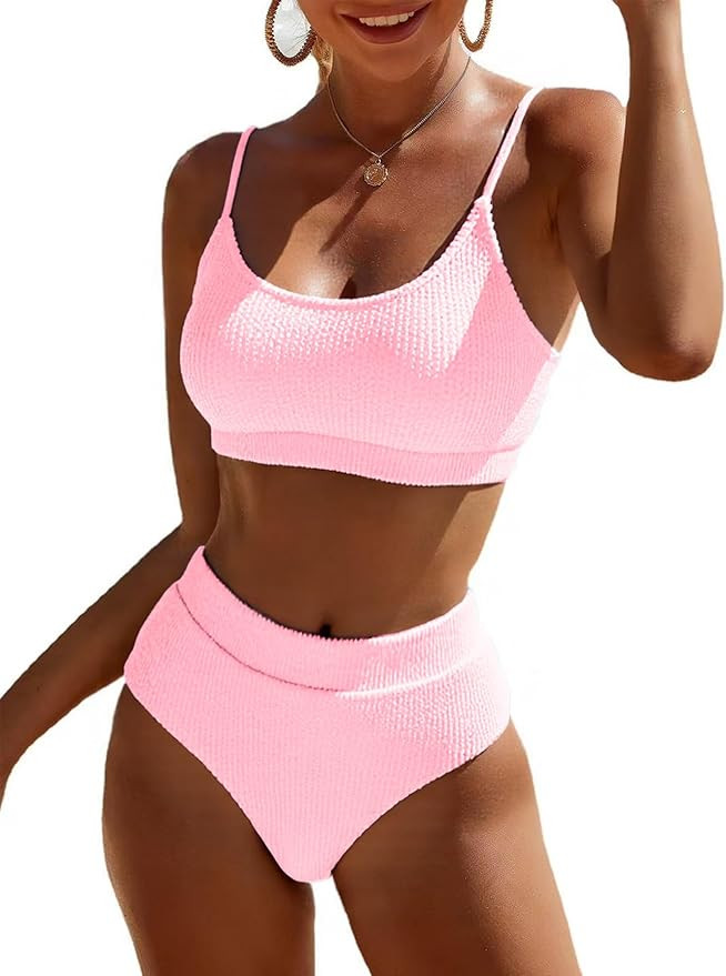 Fanuerg Women's Ribbed High Waisted Bikini Sets Scoop Neck Two Piece Swimsuits Spaghetti Strap Te... | Amazon (US)