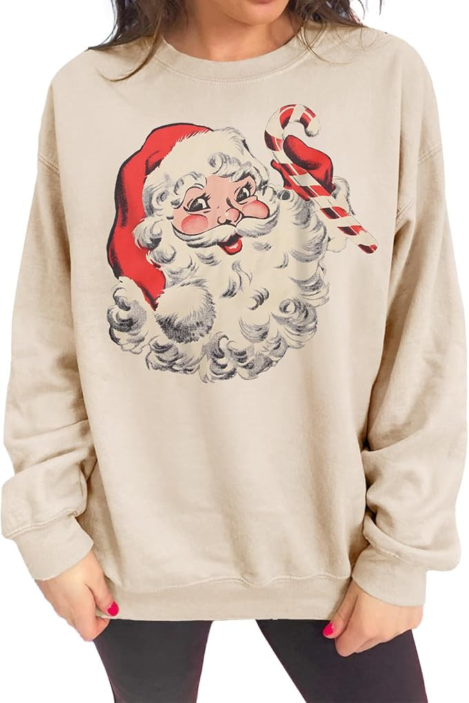 IZYJOY Women Christmas Santa Sweatshirt Retro Santa Claus Pullover Oversized Top Crewneck Long Sl... | Amazon (US)