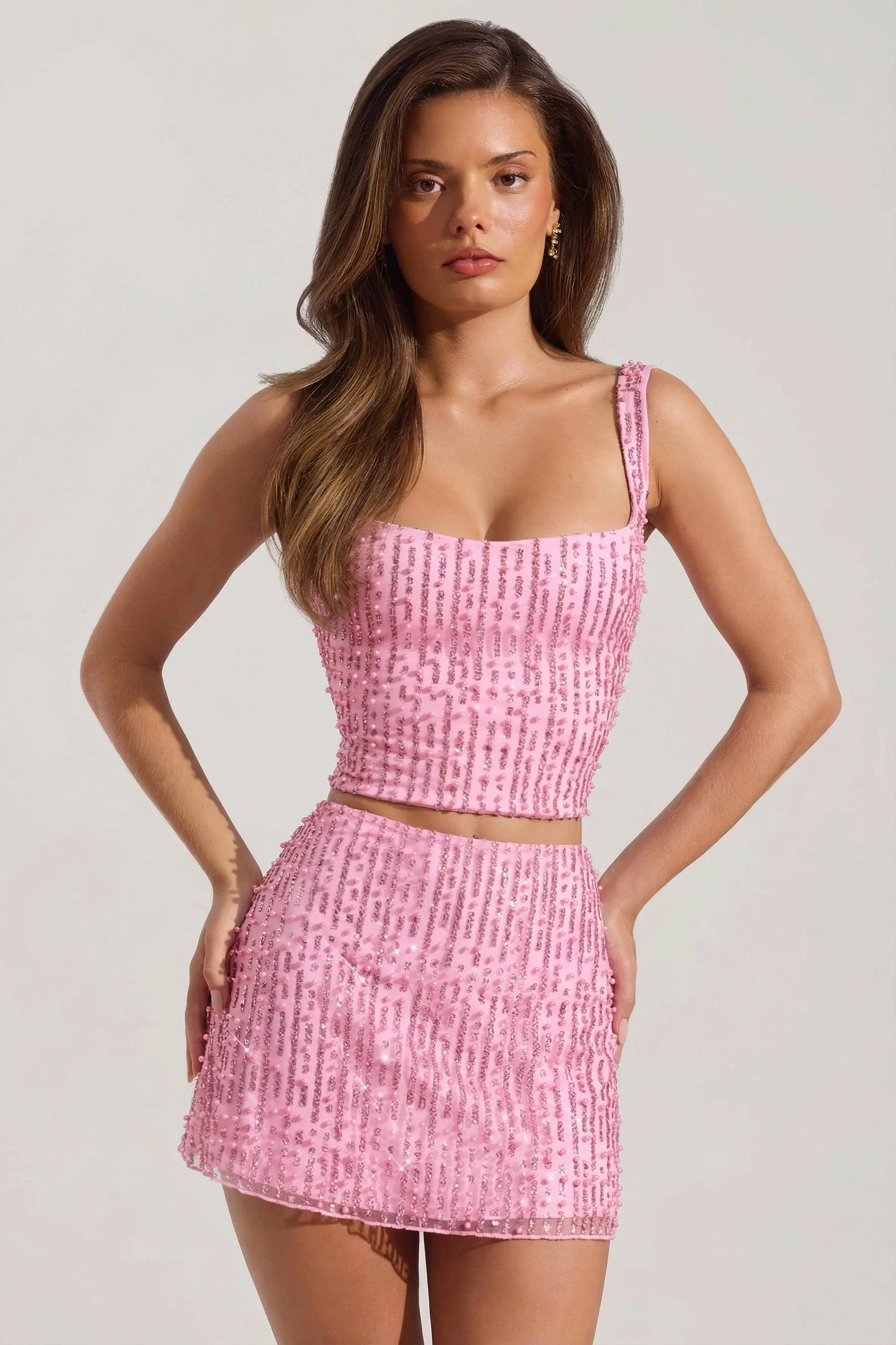Embellished Low-Rise Mini Skirt in Pink | Oh Polly