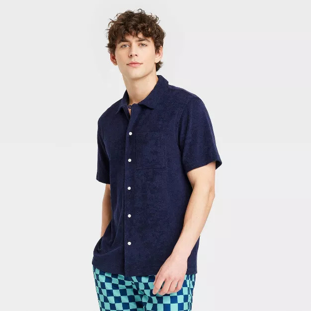 Men's Terry Short Sleeve Camp Button-Down Shirt - Goodfellow & Co™ Navy Blue | Target