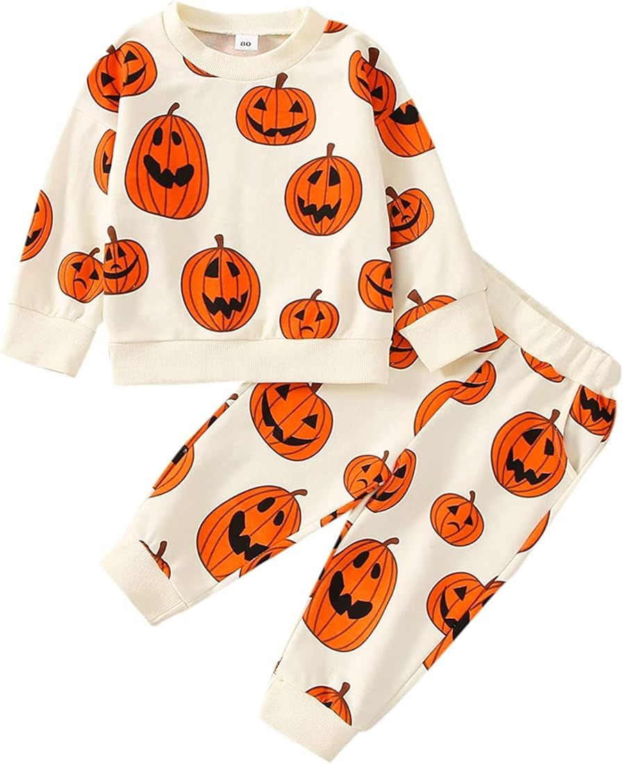 Toddler Baby Boy Girl Halloween Outfits Pumpkin Patch Sweatshirt Shirt Tops + Warm Legging Pants ... | Amazon (US)