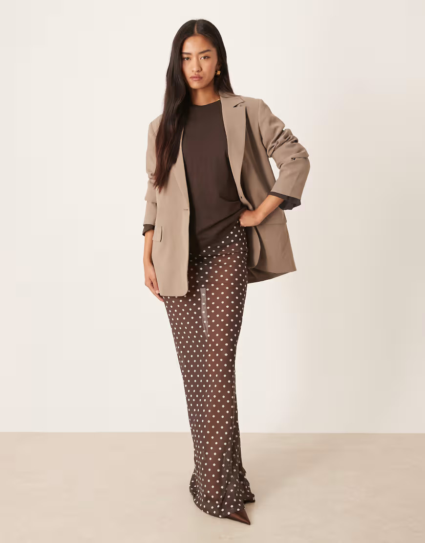 ASOS DESIGN mesh sheer maxi skirt in brown polka dot | ASOS (Global)