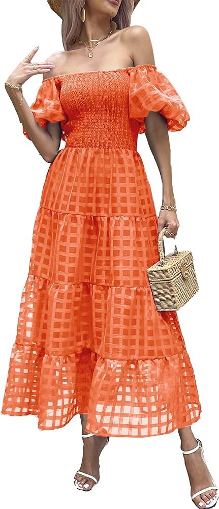 PRETTYGARDEN Women's Casual Summer Midi Dress Puffy Short Sleeve Square Neck Smocked Tiered Ruffl... | Amazon (US)