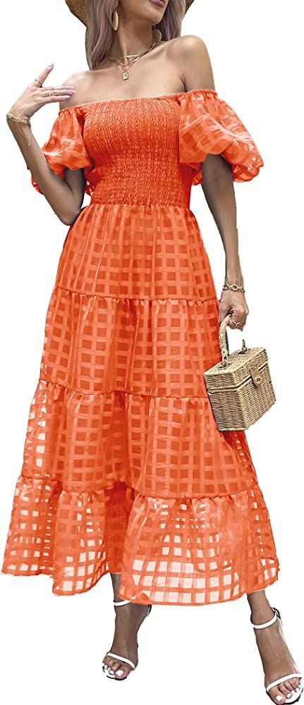 PRETTYGARDEN Women's Casual Summer Midi Dress Puffy Short Sleeve Square Neck Smocked Tiered Ruffl... | Amazon (US)