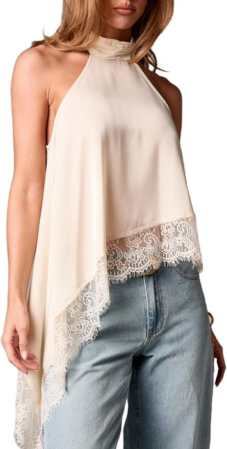 Milumia Women's Y2k Halter Mock Neck Sleeveless Top Lace Asymmetrical Hem Going Out Tank Tops | Amazon (US)