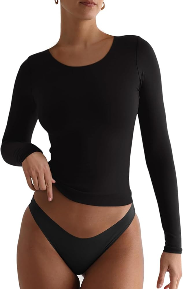REORIA Womens Basic Crew Neck Long Sleeve Shirts Double Lined Crop Tops Tight Shirt Fall Outfits ... | Amazon (CA)