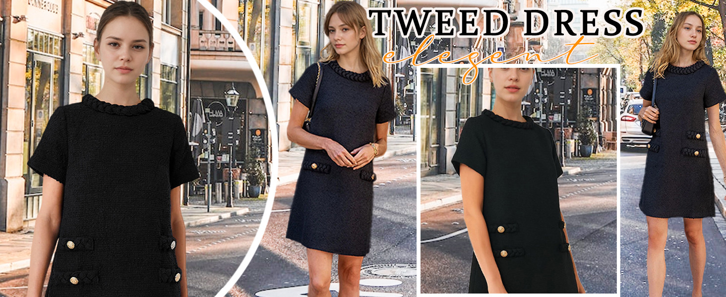 Laosiros Women's Tweed Jackie Dress Casual Short Sleeves Business Party Vintage Work Midi Dress | Amazon (US)