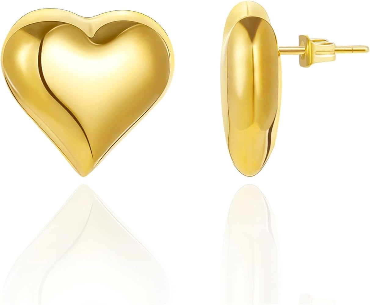 Follome Puffy Heart Earrings 18k Gold Heart Earrings Chunky Heart Earrings Stud Trendy Statement ... | Amazon (US)
