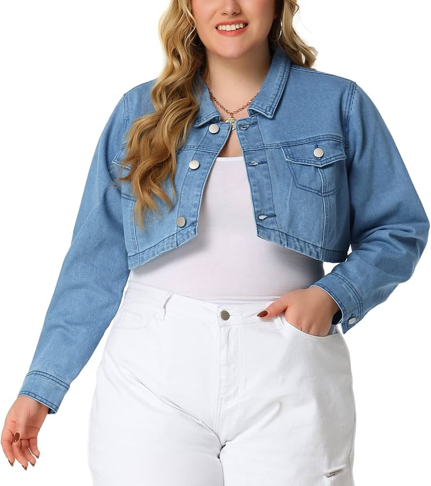 Agnes Orinda Plus Size Denim Jacket for Women Long Sleeve Washed Button Jean Crop Denim Jackets | Amazon (US)