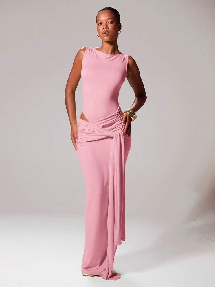 MUSERA Slash Neckline Tie Front Drape Fitted Sleeveless Maxi Dress Ibiza Sexy Vacation Spring Summer Festival Rave Beachwear Romantic Prom Graduation Elegant Birthday Wedding Guest Fall Night Out Wedding Guest, Elegant, Date Night, Christmas, Halloween, Fall, Winter Christmas Fall Winter | SHEIN