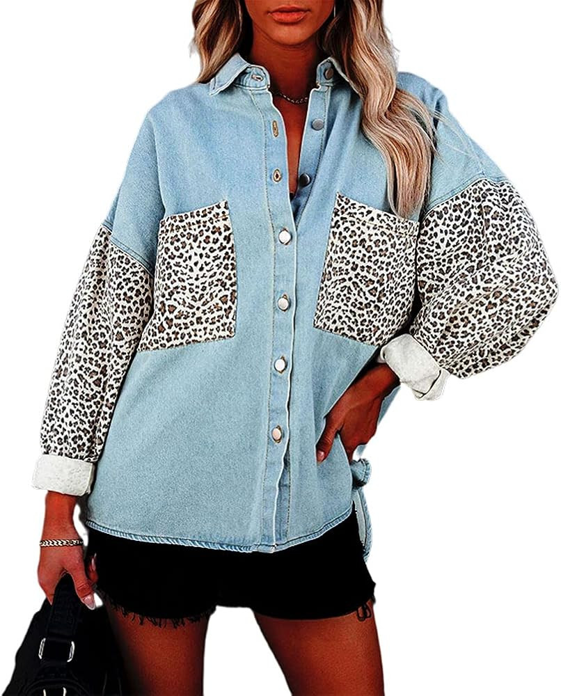 PAODIKUAI Women's Relaxed Fit Long Sleeve Chambray Button Down Patchwork Denim Shirt | Amazon (US)