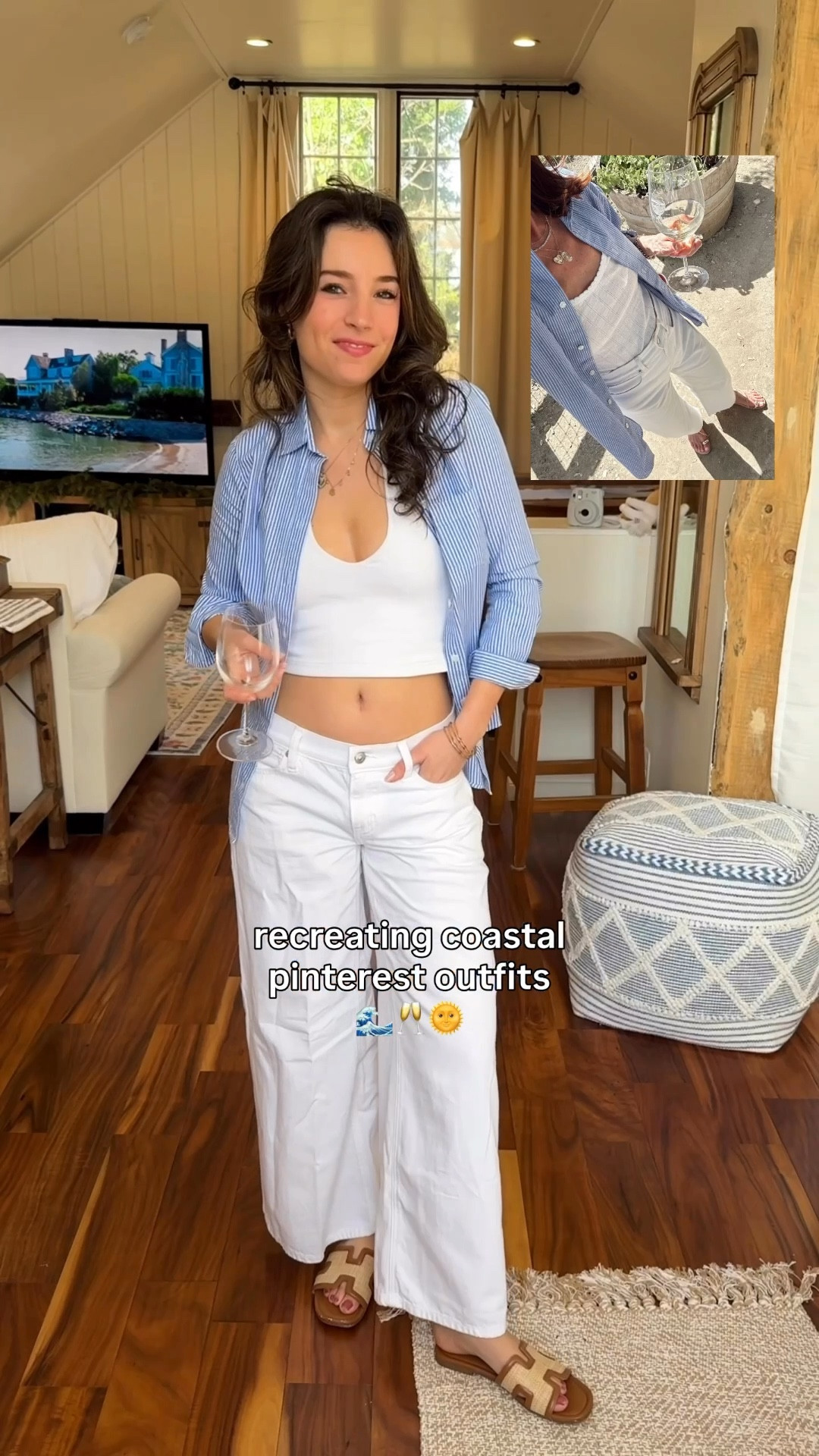 Recreating coastal grandmother pinterest outfits! 🌊🌞 I am wearing 0 short in the pants and PXXS in the @jcrew  blue stripe shirt I am 5 foot 3! 🌊

 blue and white striped shirt / blue stripe shirt / coastal grandmother / coastal granddaughter / brown leather heels / box bag / woven box bag / woven bag / dainty gold watch / small gold watch / white barrel jeans / white wide leg pants / white low waist jeans / white jeans / summer jeans / woven sandals / blue stripe oxford / blue oxford 

#LTKgrwm #LTKPetite #LTKootd