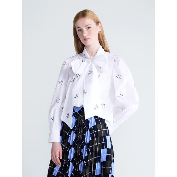 Free Assembly Women's Tie Neck Print Cotton Shirt with Long Puff Sleeves, Sizes XS-XXL | Walmart (US)