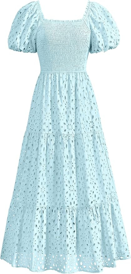 PRETTYGARDEN Summer Dresses for Women 2025 Eyelet Square Neck Puff Sleeve Smocked Wedding Guest M... | Amazon (US)