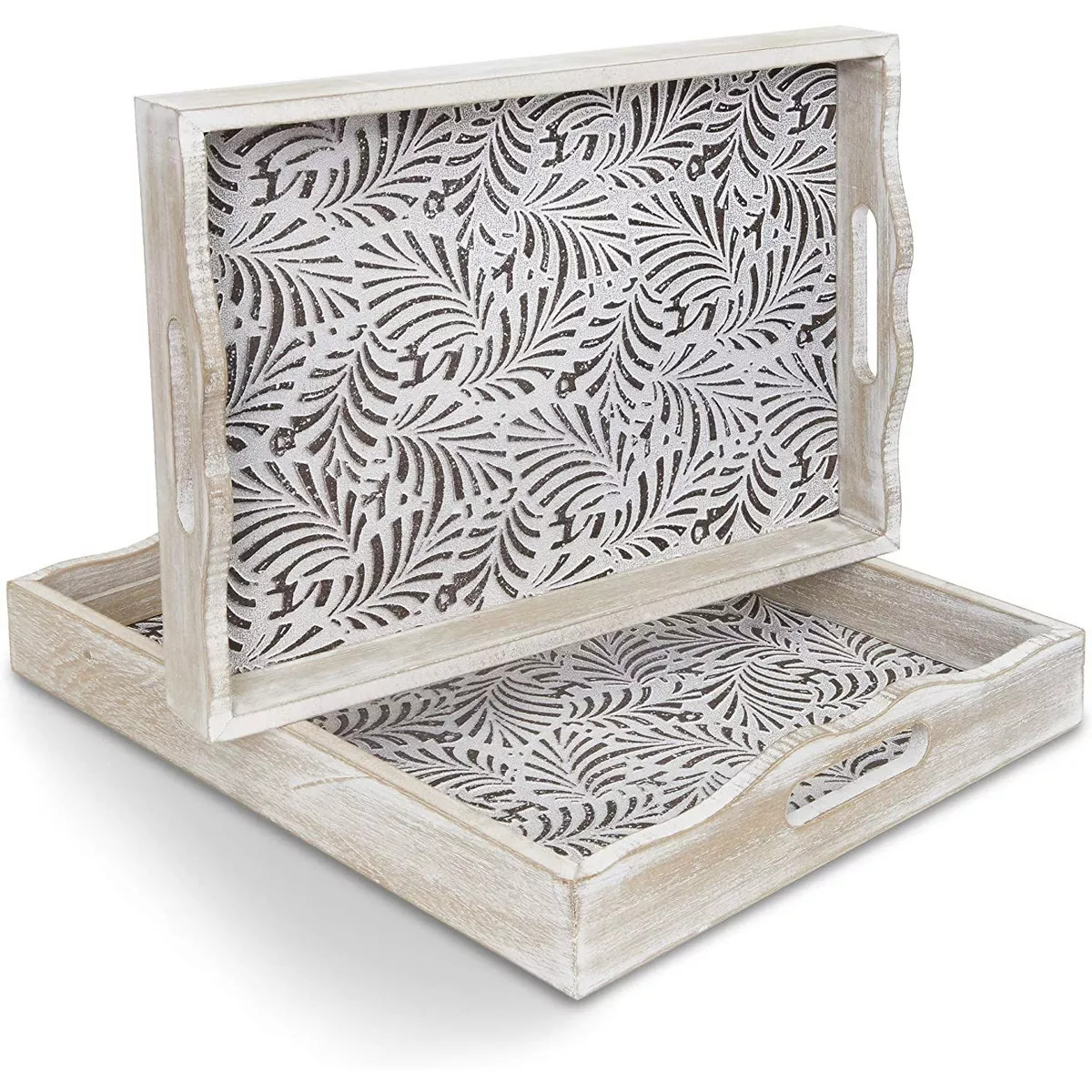 Juvale 2-Pack Rustic Wood Coffee Table Serving Tray with Handles for Ottoman, White Floral | Target