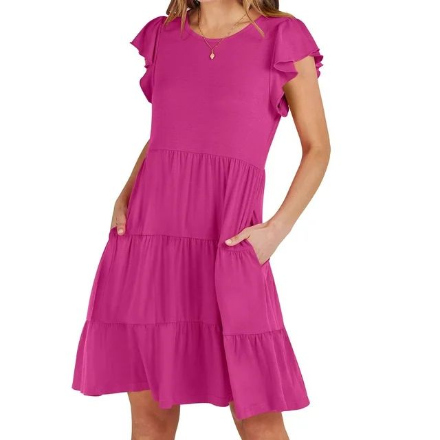 Busydd 2024 Womens Summer Mini Dress Crewneck Flutter Short Sleeve Casual Dresses Tiered Pleated ... | Walmart (US)
