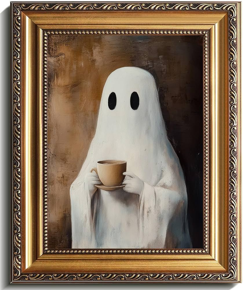 uniro Vintage Gold Framed Wall Art, Vintage Ghost Drinking Coffee Halloween Painting, Spooky Hall... | Amazon (US)