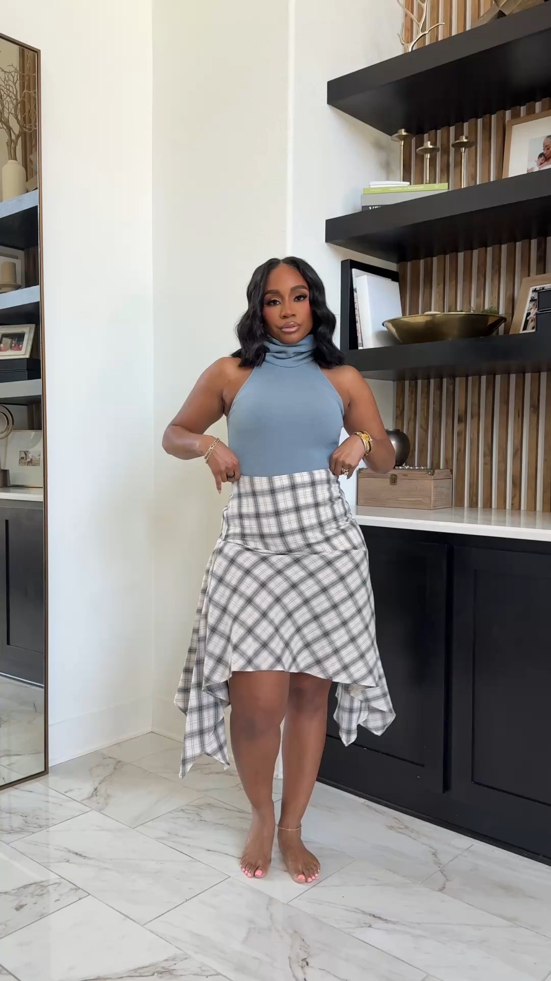 Asymmetric plaid skirt and high neck top outfit inspo! 

#LTKMidsize #LTKootd