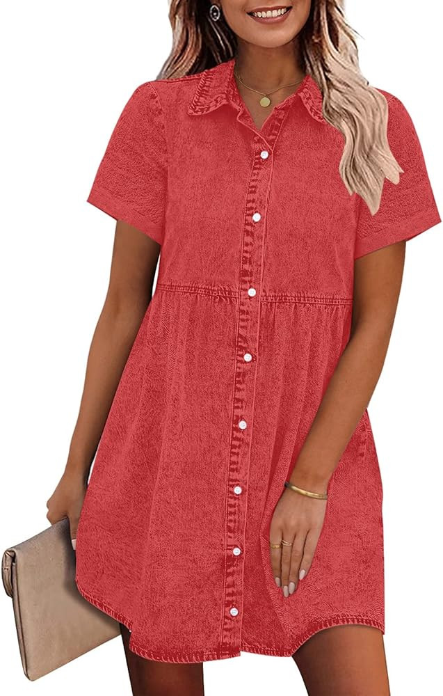 GRAPENT Denim Dress for Women Babydoll Tiered Short Sleeve Button Down Jean Shirt Dresses | Amazon (US)