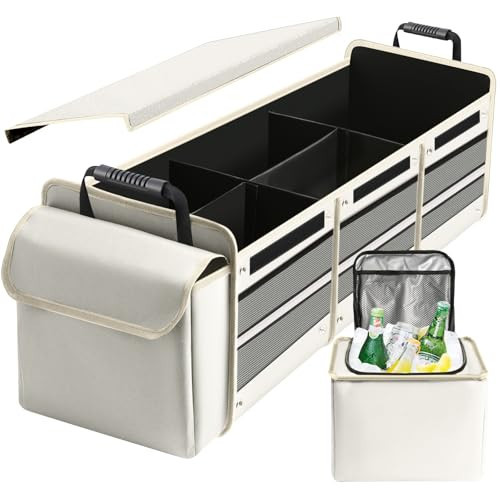 Car Trunk Organizer with Insulated Leakproof Cooler Bag, 4 in 1 Waterproof Portable Car Storage Organizer with Collapsible Cover, 3 Large Compartments, Trunk Organizer for SUV, Car, Truck (Beige) | Amazon (US)