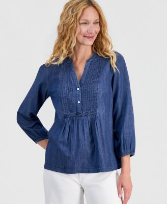 Nautica Women's Chambray Pintuck Popover Blouse - Ws 017- Med Azure | Macy's