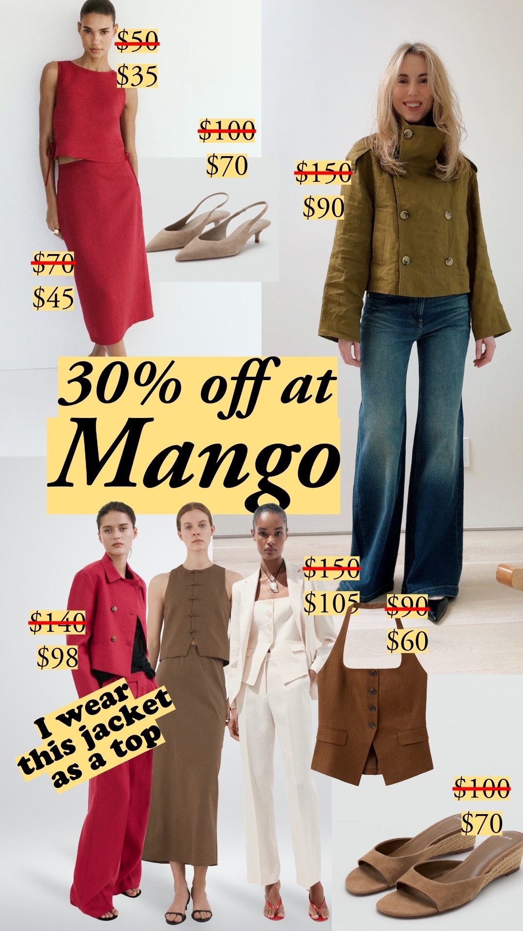 30% off with code SALE30 on orders $260+ through May 15. I'm wearing size S in the olive jacket - it's oversized (and I love it this way). The red jacket (lower left) is very fitted. I wear a small. Size up if you're between sizes. I'll add a pair of Gap jeans I'm wearing with the olive jacket. Mango, linen, summer sets, trench coat, wide-leg jeans, linen top, linen midi skirt, midi skirt, linen-blend pants, linen jacket, jacket, vest, sandal with straps, trousers, suit, wedge sandal, kitten heel, sneakers, ballet flats, dress, wideleg jeans,  skirt, asymmetric Dress, shorts, blazer, suit pants, shoes
