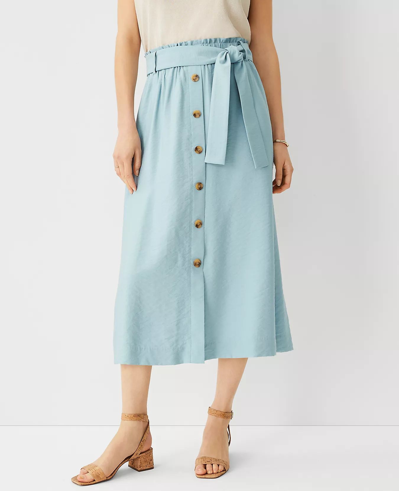 Petite Tie Waist Button Midi Skirt | Ann Taylor (US)