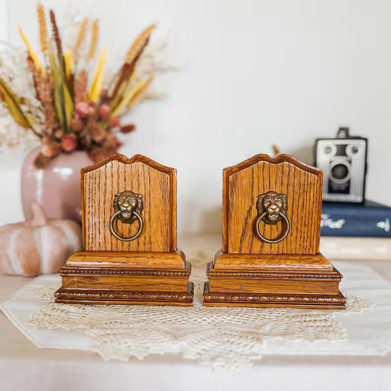 Vintage Solid Oak Bookends: Brass Lion Head Knockers, Traditional Library Decor - Etsy | Etsy (US)