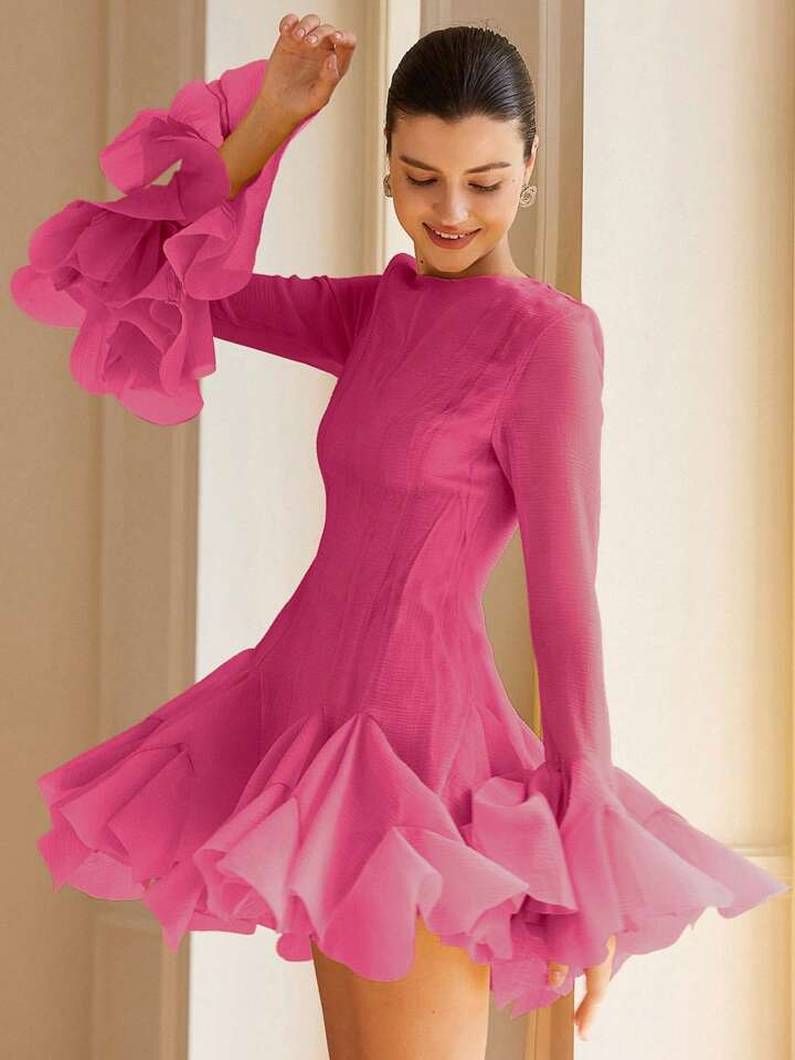 Aveloria Rosie French Elegant High-End Nobility Ladies' Design Flared Sleeve Textured Fabric Mini Dress With Large Ruffle Hem | SHEIN